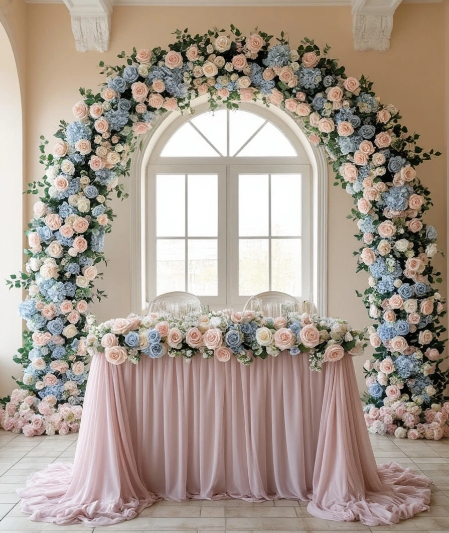 Светлая свадебная арка с живыми цветами